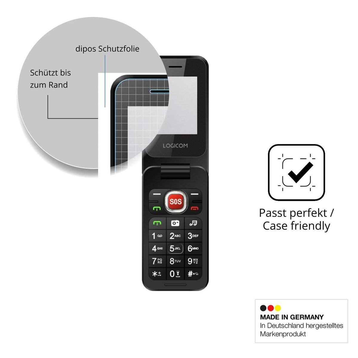 Schutzglasfolie mit optimaler Passform, zur Verwendung mit Hüllen geeignet