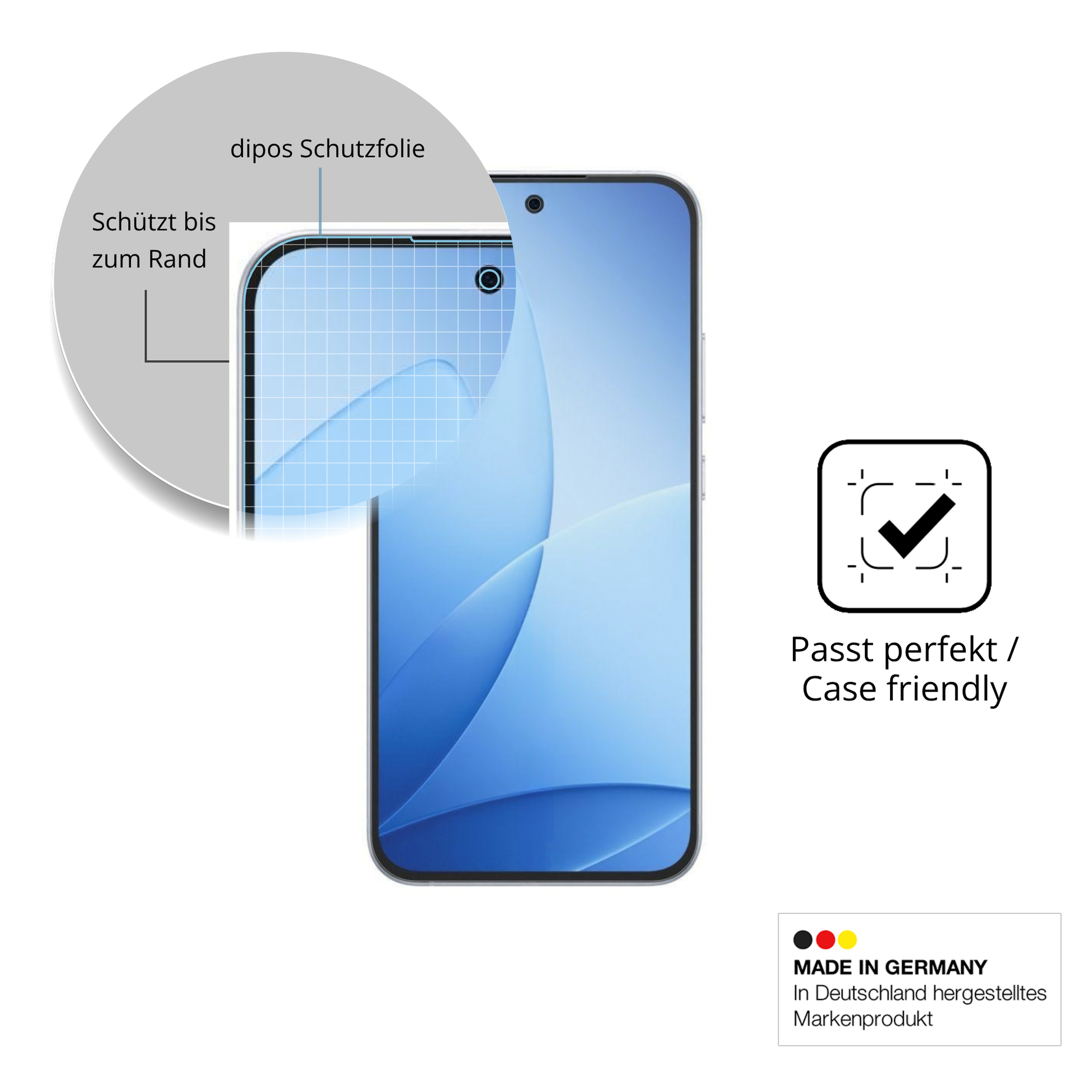 Schutzglasfolie mit optimaler Passform, zur Verwendung mit Hüllen geeignet