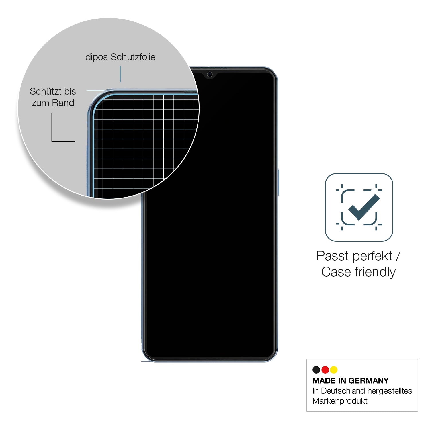 Schutzglasfolie mit optimaler Passform, zur Verwendung mit Hüllen geeignet