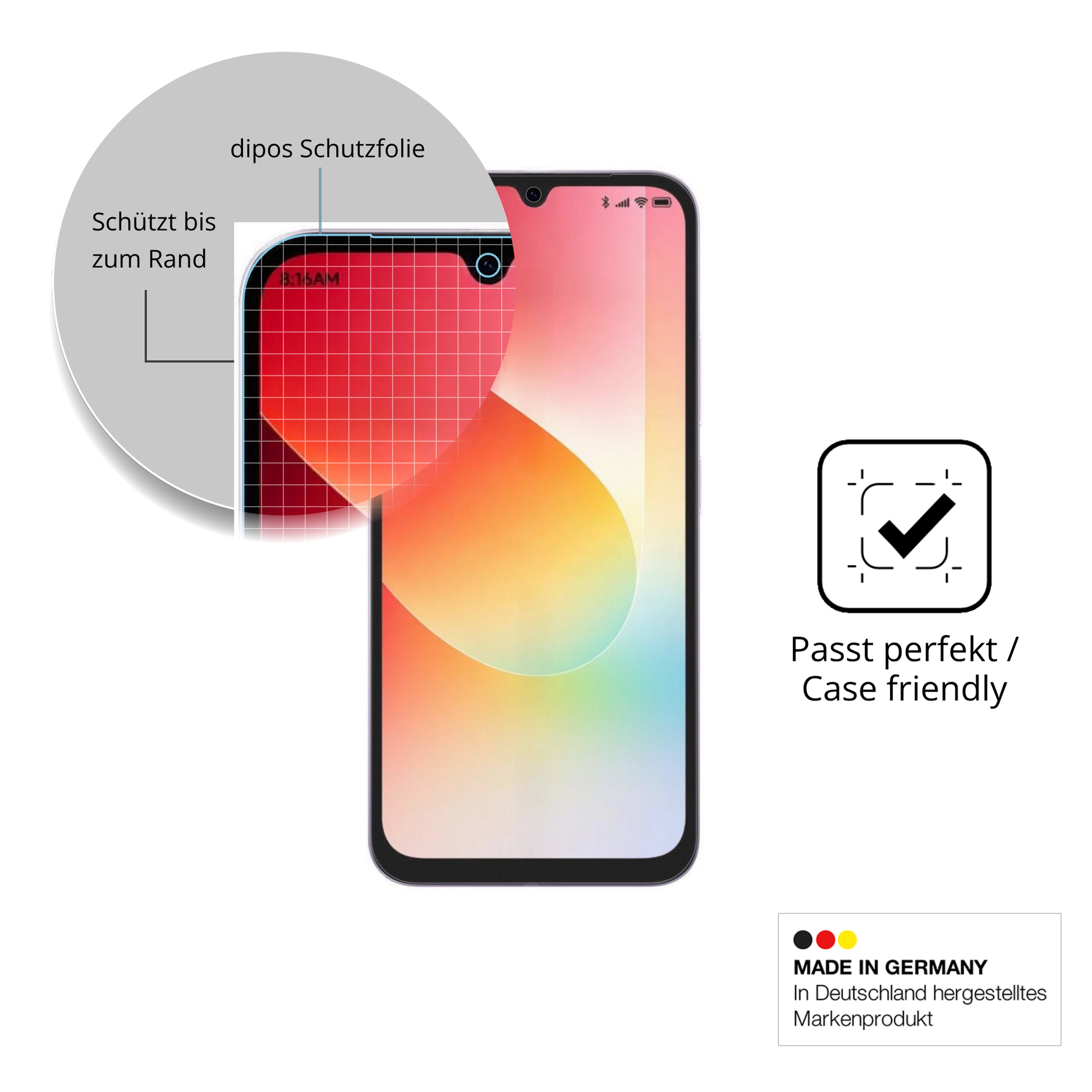Schutzglasfolie mit optimaler Passform, zur Verwendung mit Hüllen geeignet