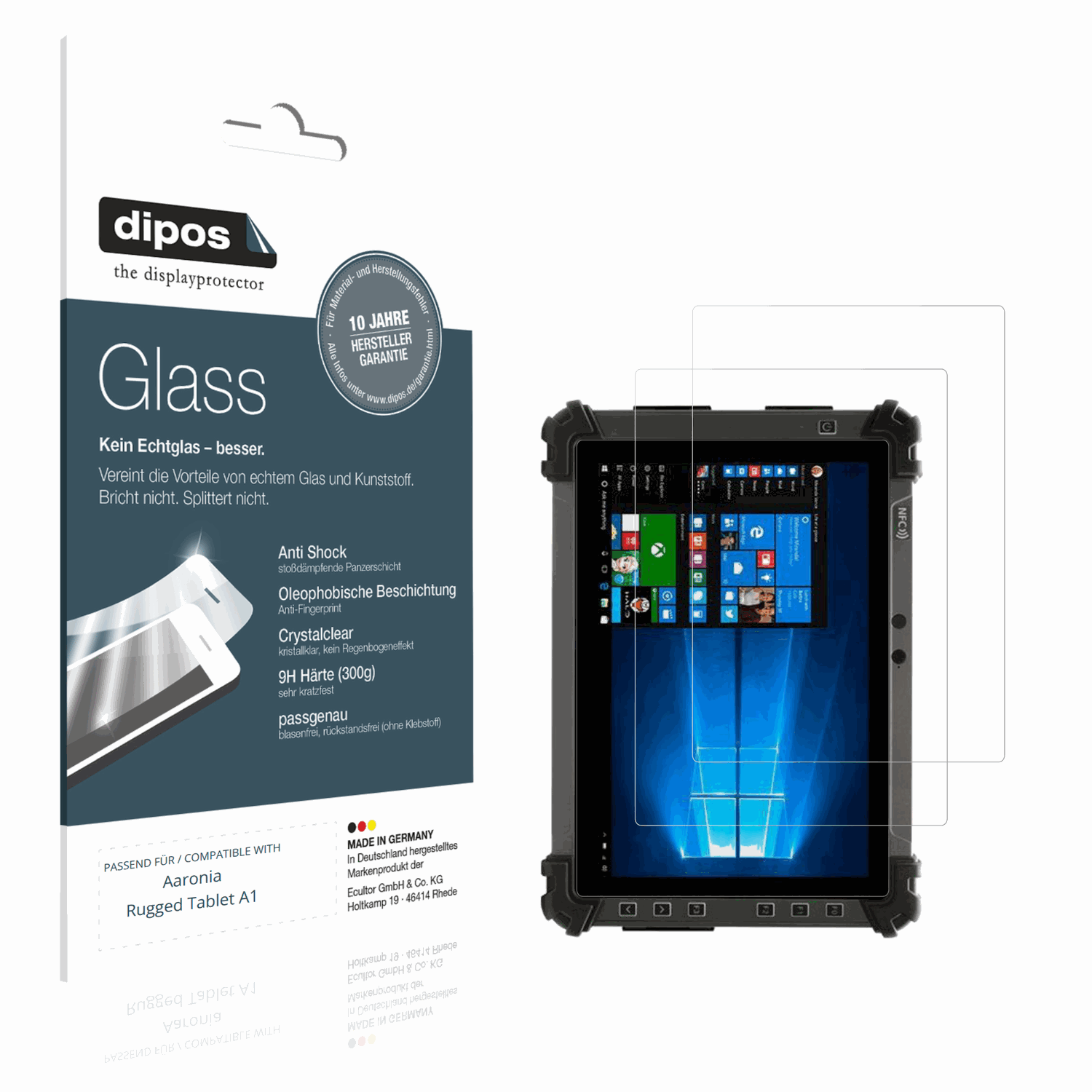Klare Displayschutzfolie von dipos passend für aaroniarugged tablet a1, 9H kratzfest und blasenfrei montiert