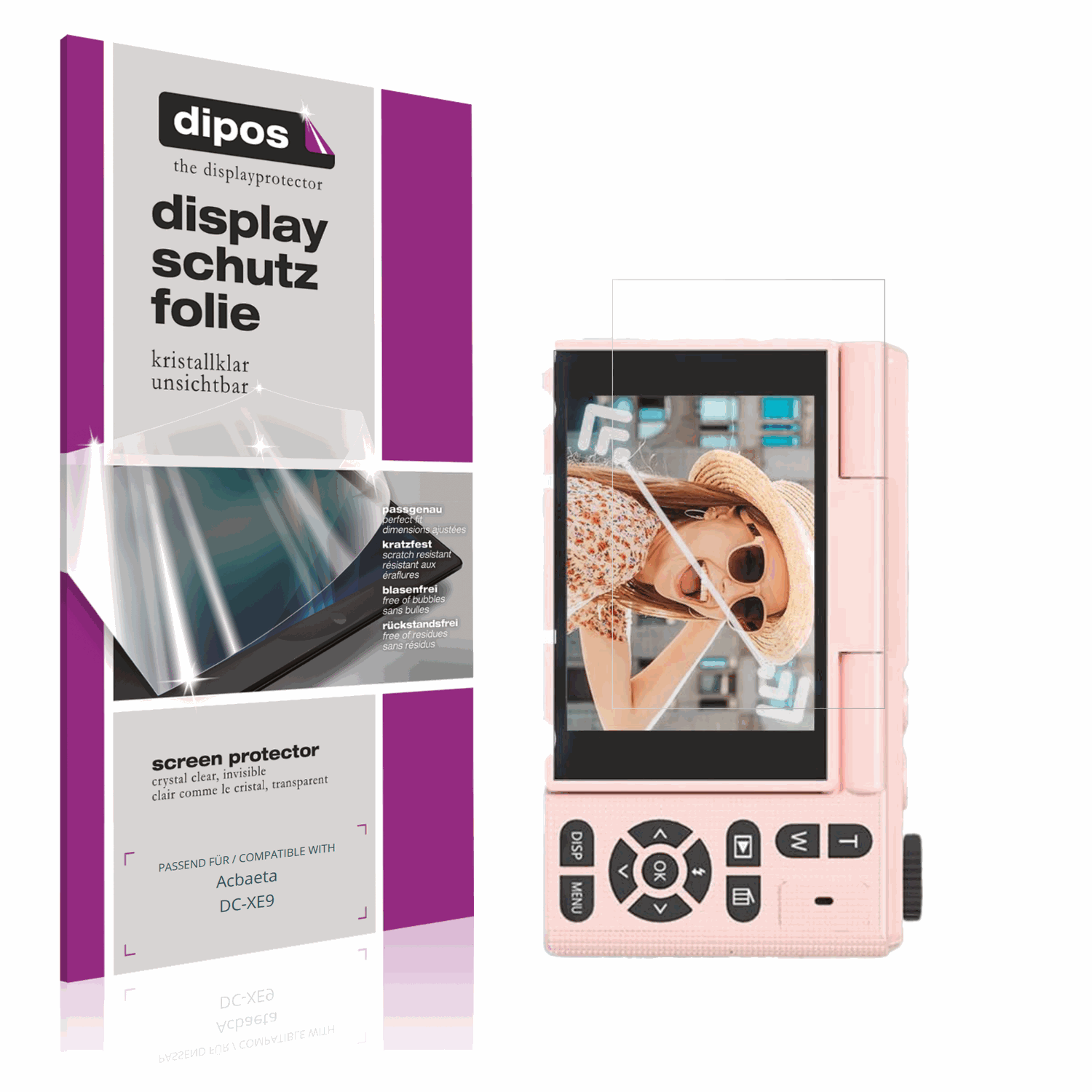 Klare Displayschutzfolie von dipos passend für Acbaeta DC-XE9, präziser Zuschnitt und blasenfrei montiert