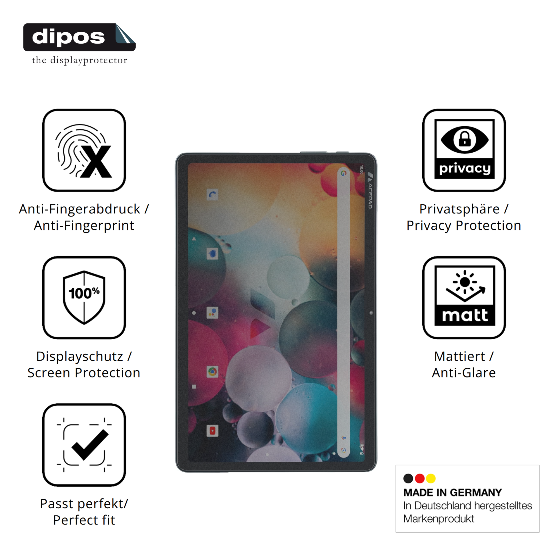 Privatsphäre-Schutz durch Sichtschutz-Folie passend zugeschnitten für Acepad A171 10.4 Zoll