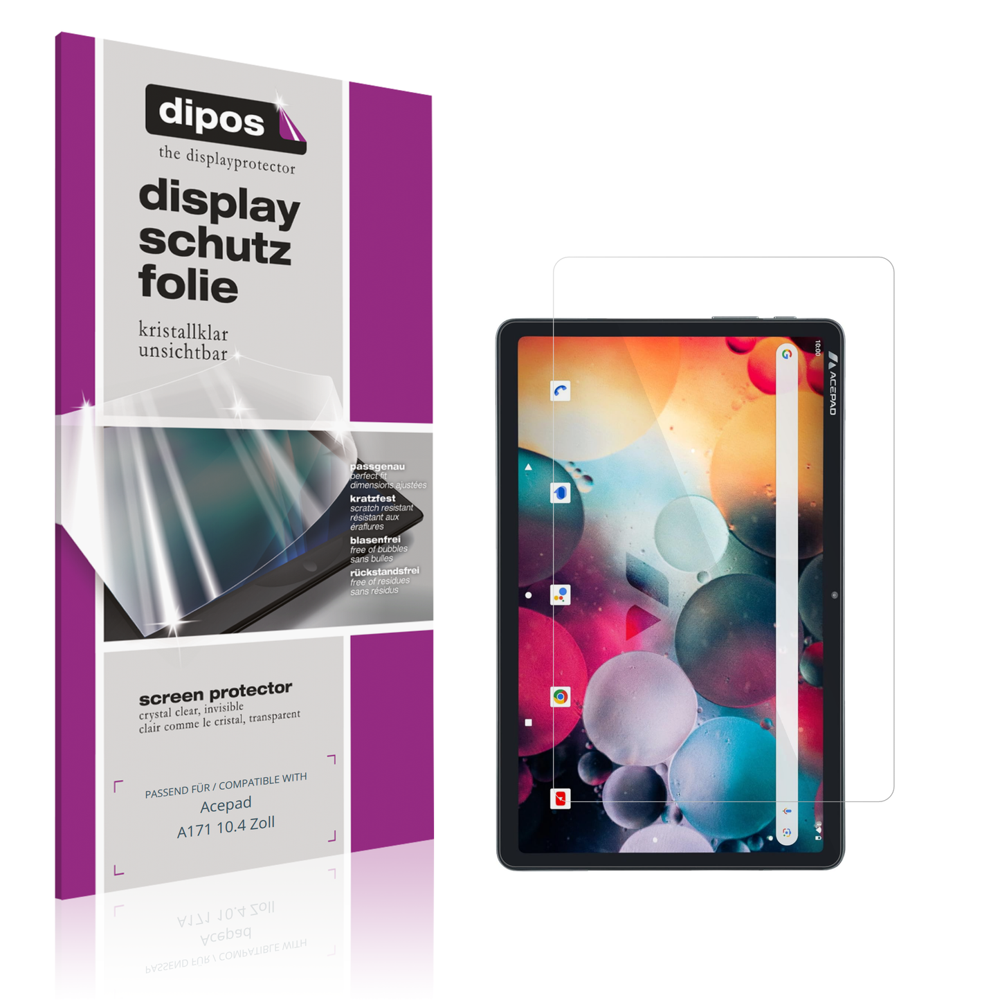 Klare Displayschutzfolie von dipos passend für Acepad A171 10.4 Zoll, präziser Zuschnitt und blasenfrei montiert
