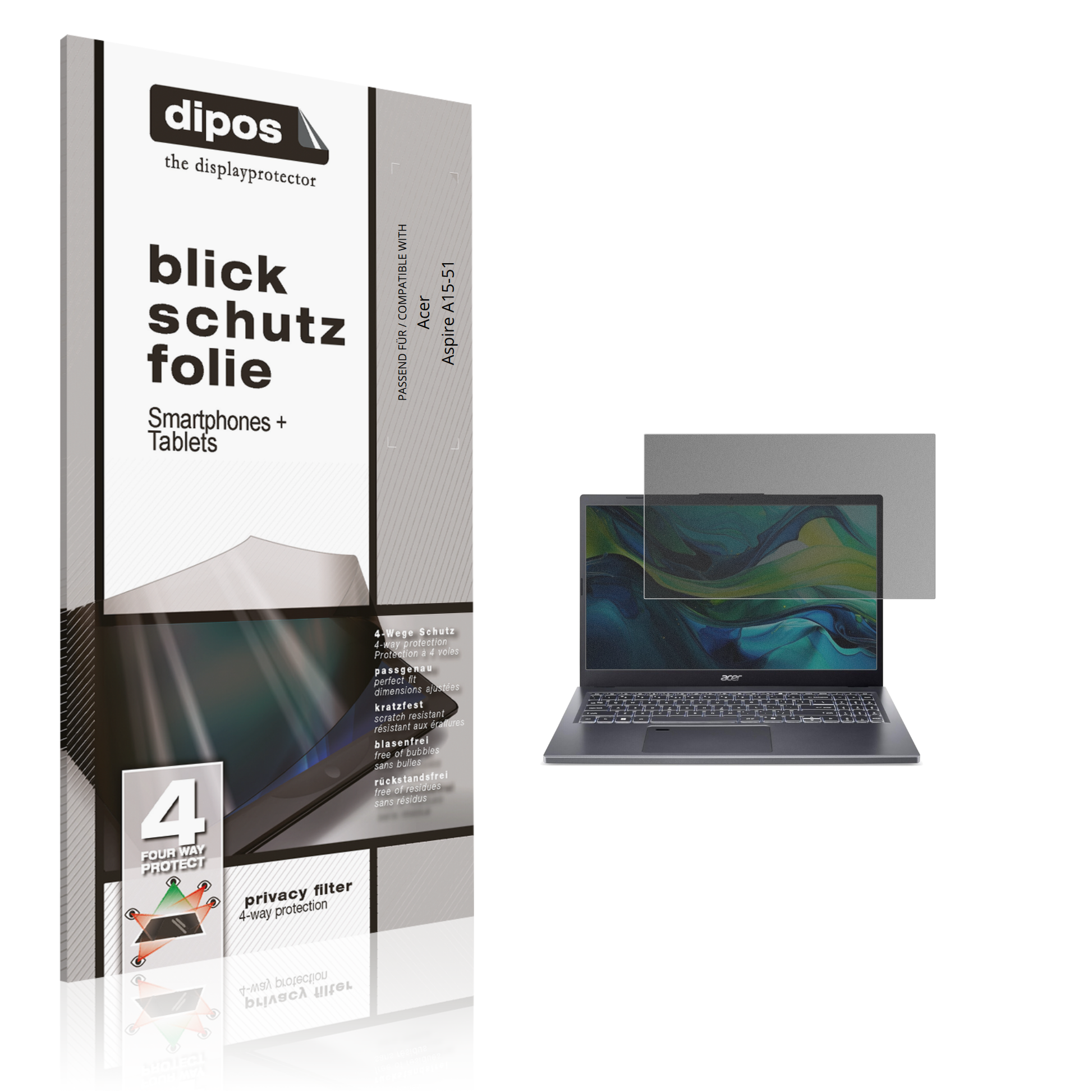 Blickschutzfolie von dipos passend für aceraspire a15-51, präziser Zuschnitt und blasenfrei montiert