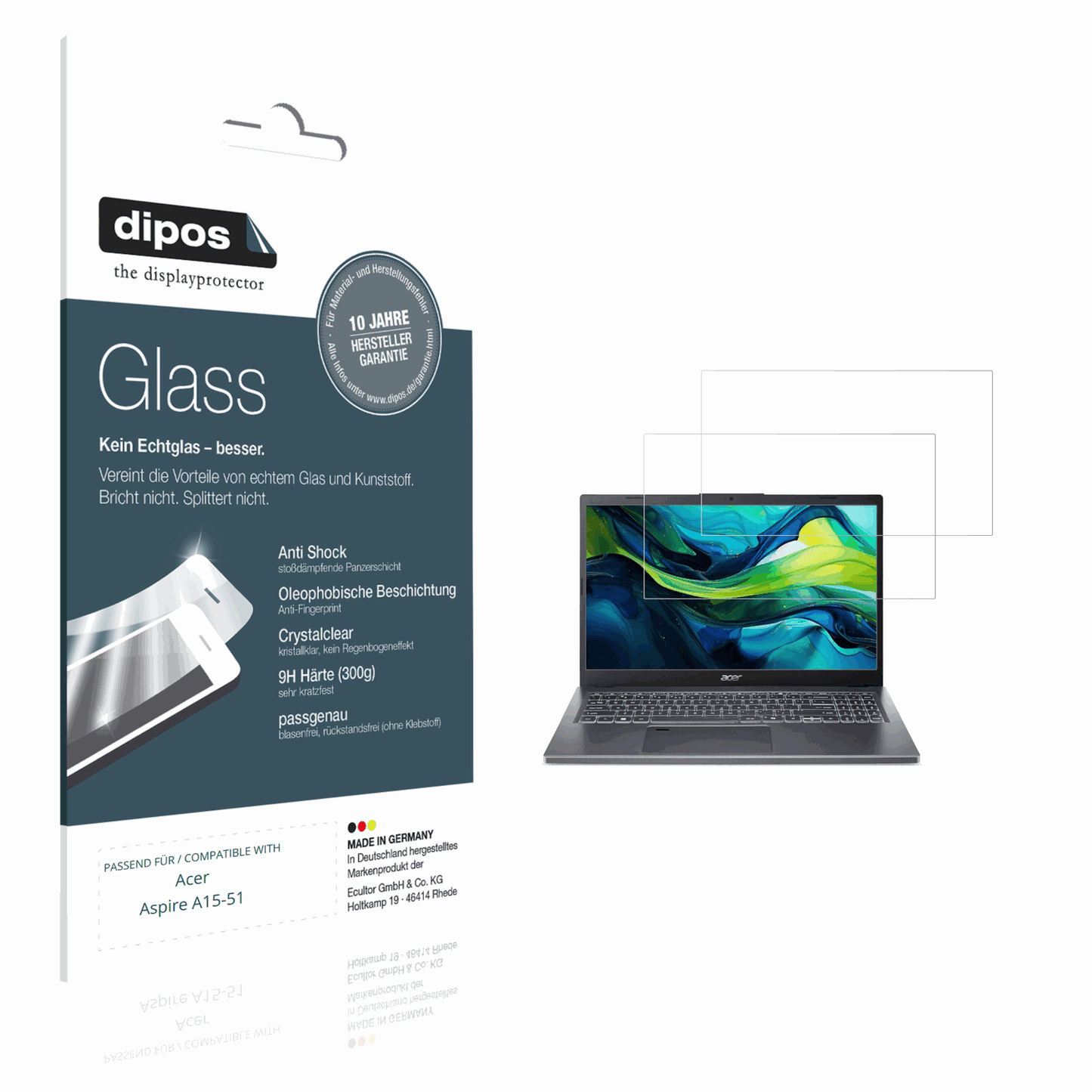 Klare Displayschutzfolie von dipos passend für aceraspire a15-51, 9H kratzfest und blasenfrei montiert