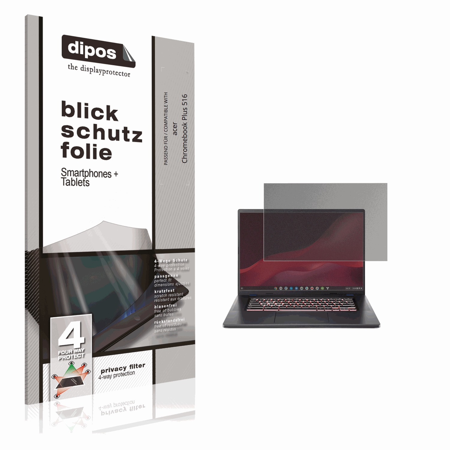Blickschutzfolie von dipos passend für acer Chromebook Plus 516, präziser Zuschnitt und blasenfrei montiert