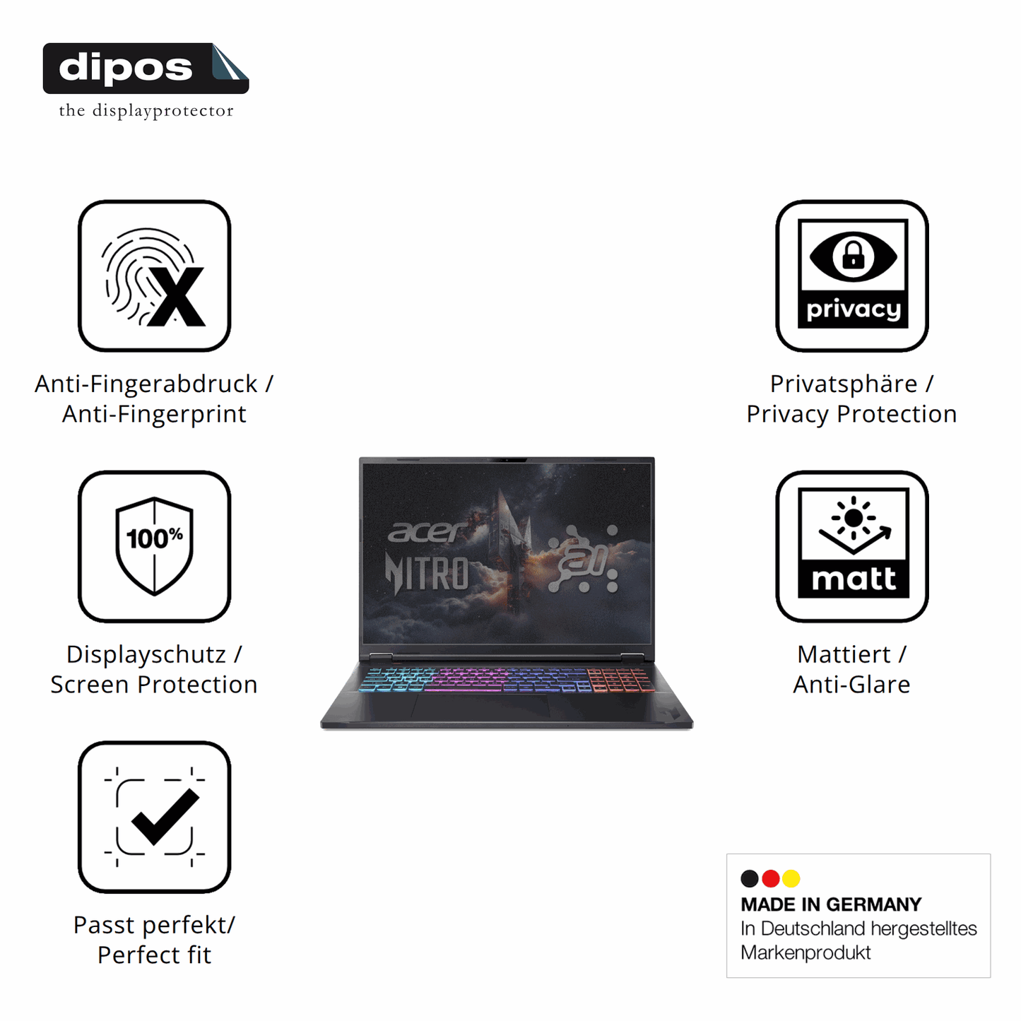 Privatsphäre-Schutz durch Sichtschutz-Folie passend zugeschnitten für acer Nitro 18 AI AN18-61-R968