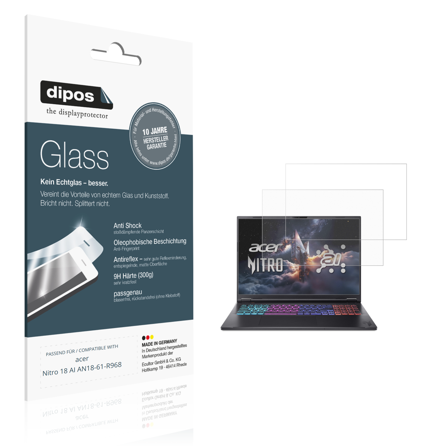 Matte Displayschutzfolie von dipos passend für acer Nitro 18 AI AN18-61-R968, 9H kratzfest und blasenfrei montiert