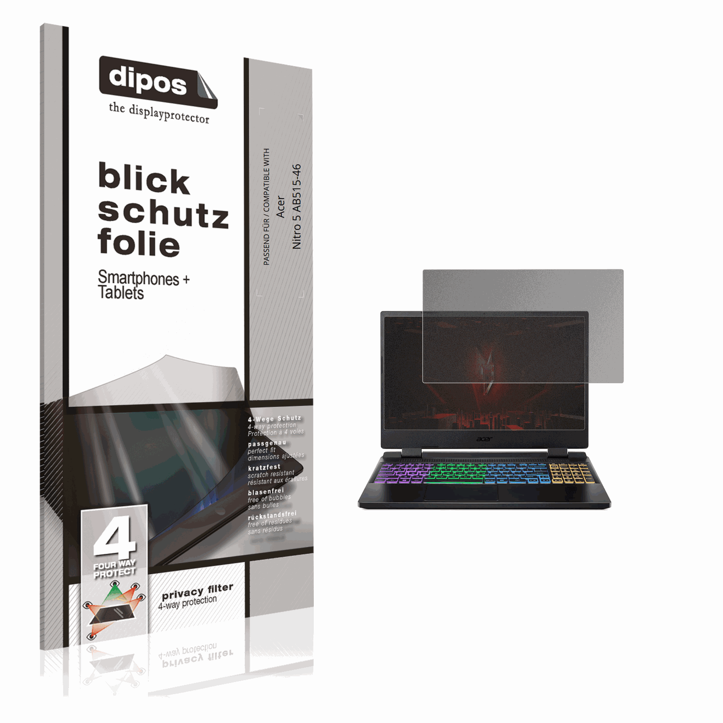 Blickschutzfolie von dipos passend für Acer Nitro 5 AB515-46, präziser Zuschnitt und blasenfrei montiert