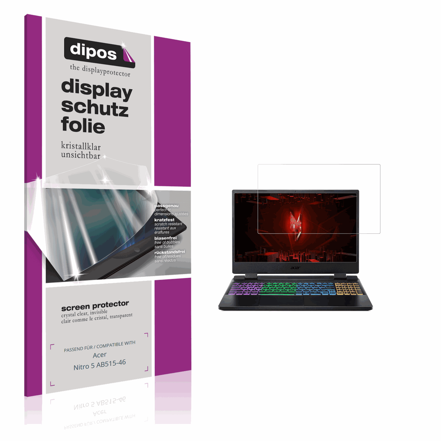 Klare Displayschutzfolie von dipos passend für Acer Nitro 5 AB515-46, präziser Zuschnitt und blasenfrei montiert