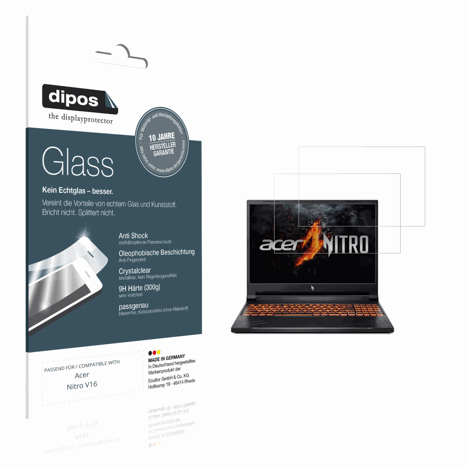 Klare Displayschutzfolie von dipos passend für acernitro v16, 9H kratzfest und blasenfrei montiert