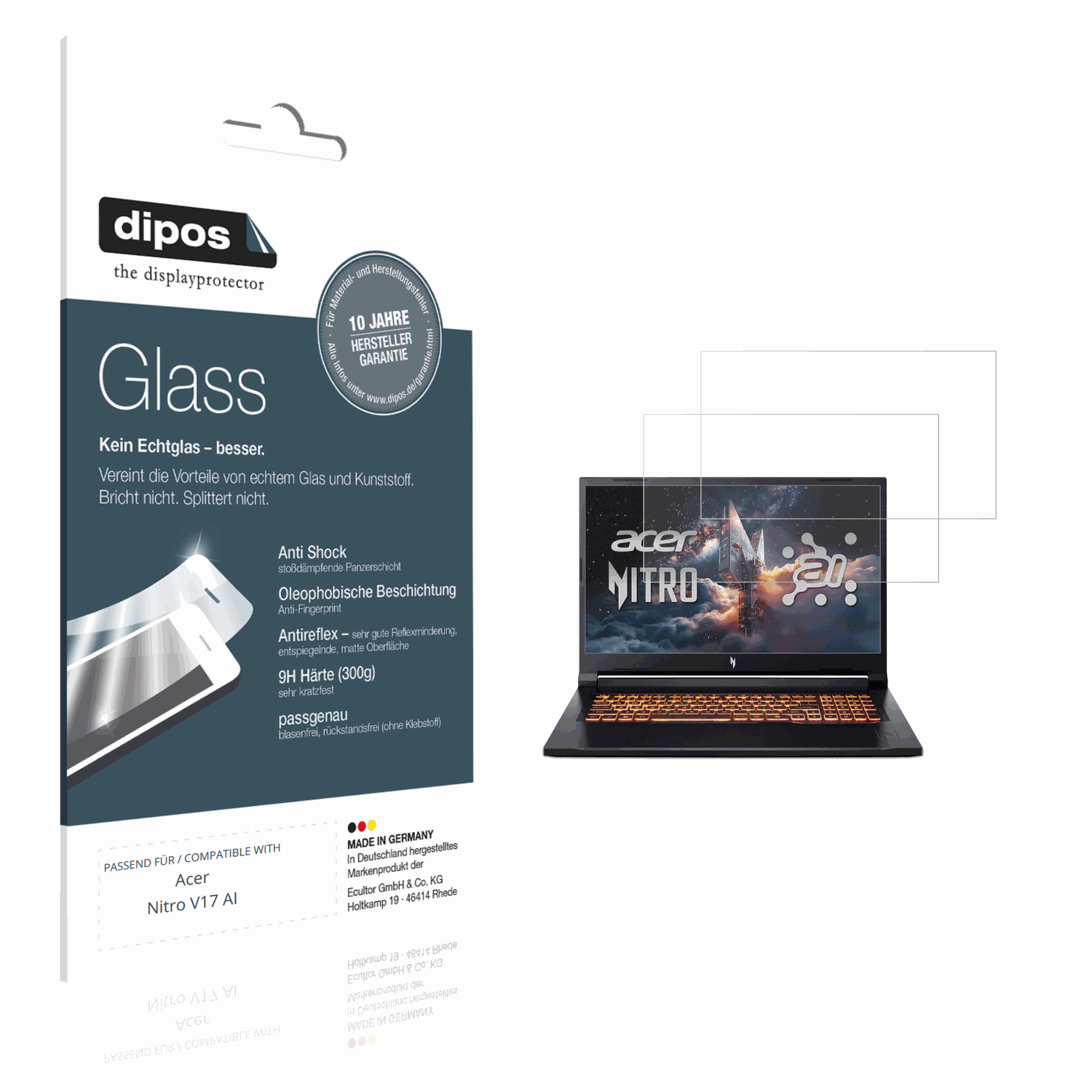 Matte Displayschutzfolie von dipos passend für Acer Nitro V17 AI, 9H kratzfest und blasenfrei montiert