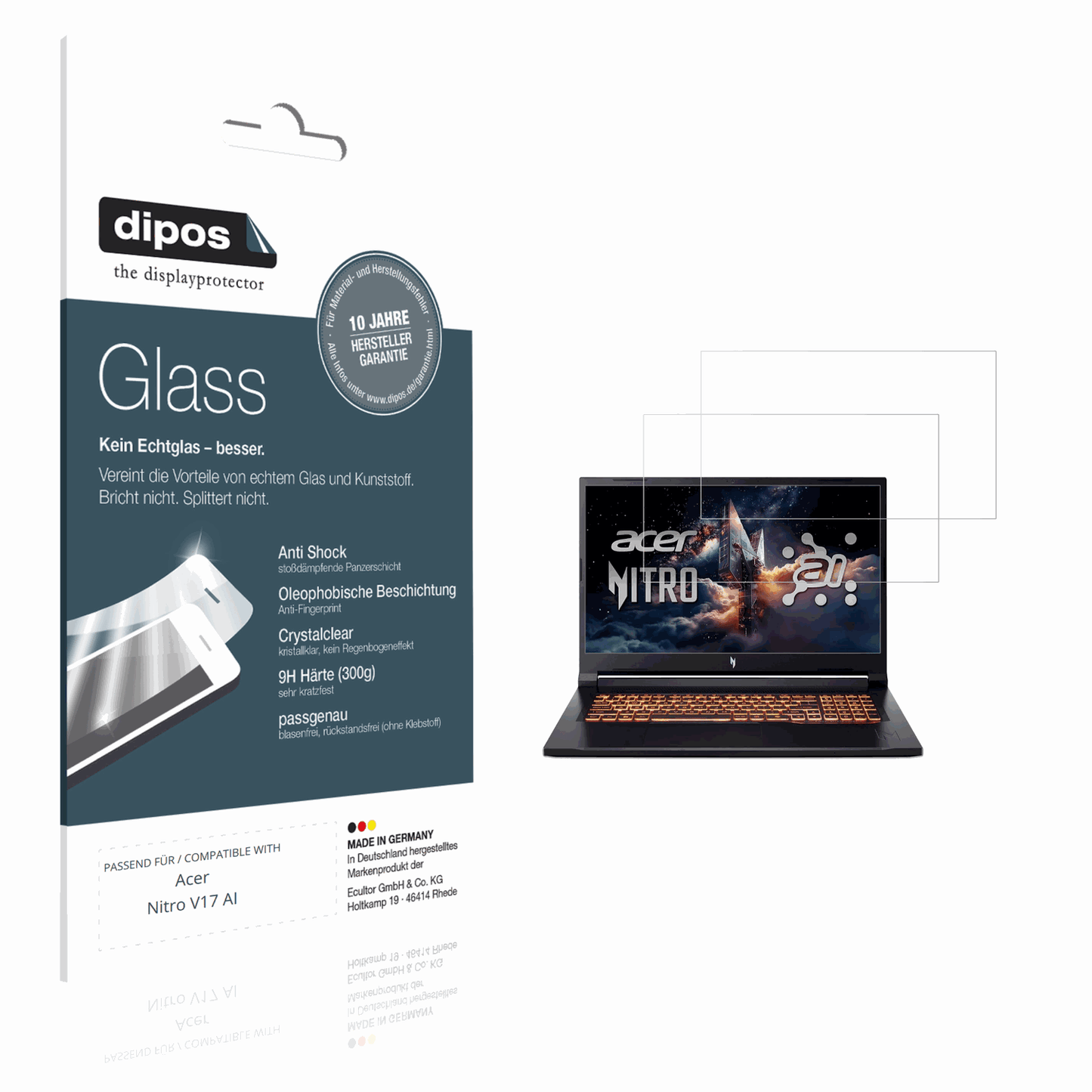 Klare Displayschutzfolie von dipos passend für Acer Nitro V17 AI, 9H kratzfest und blasenfrei montiert