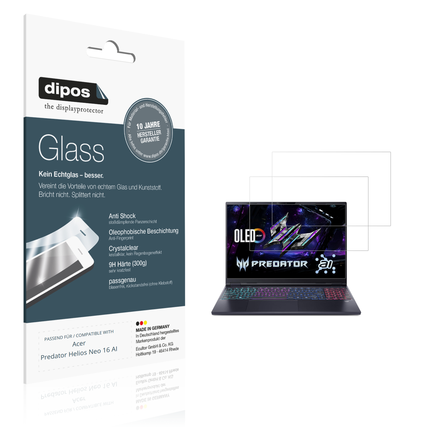 Klare Displayschutzfolie von dipos passend für acerpredator helios neo 16 ai, 9H kratzfest und blasenfrei montiert