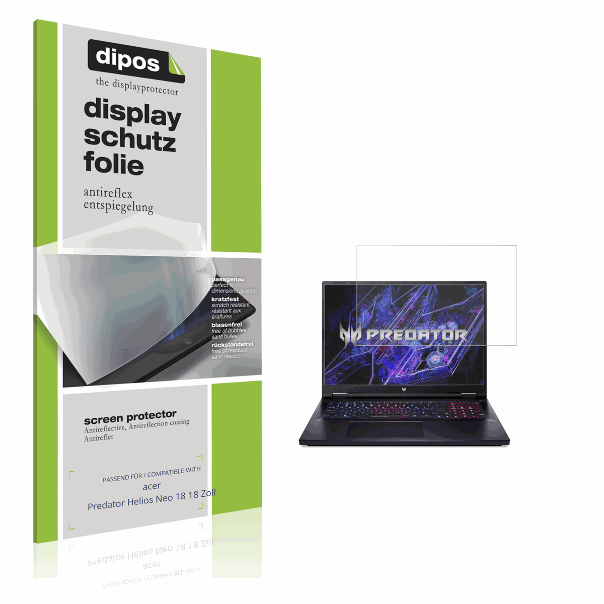 Matte Displayschutzfolie von dipos passend für acer Predator Helios Neo 18 18 Zoll, präziser Zuschnitt und blasenfrei montiert