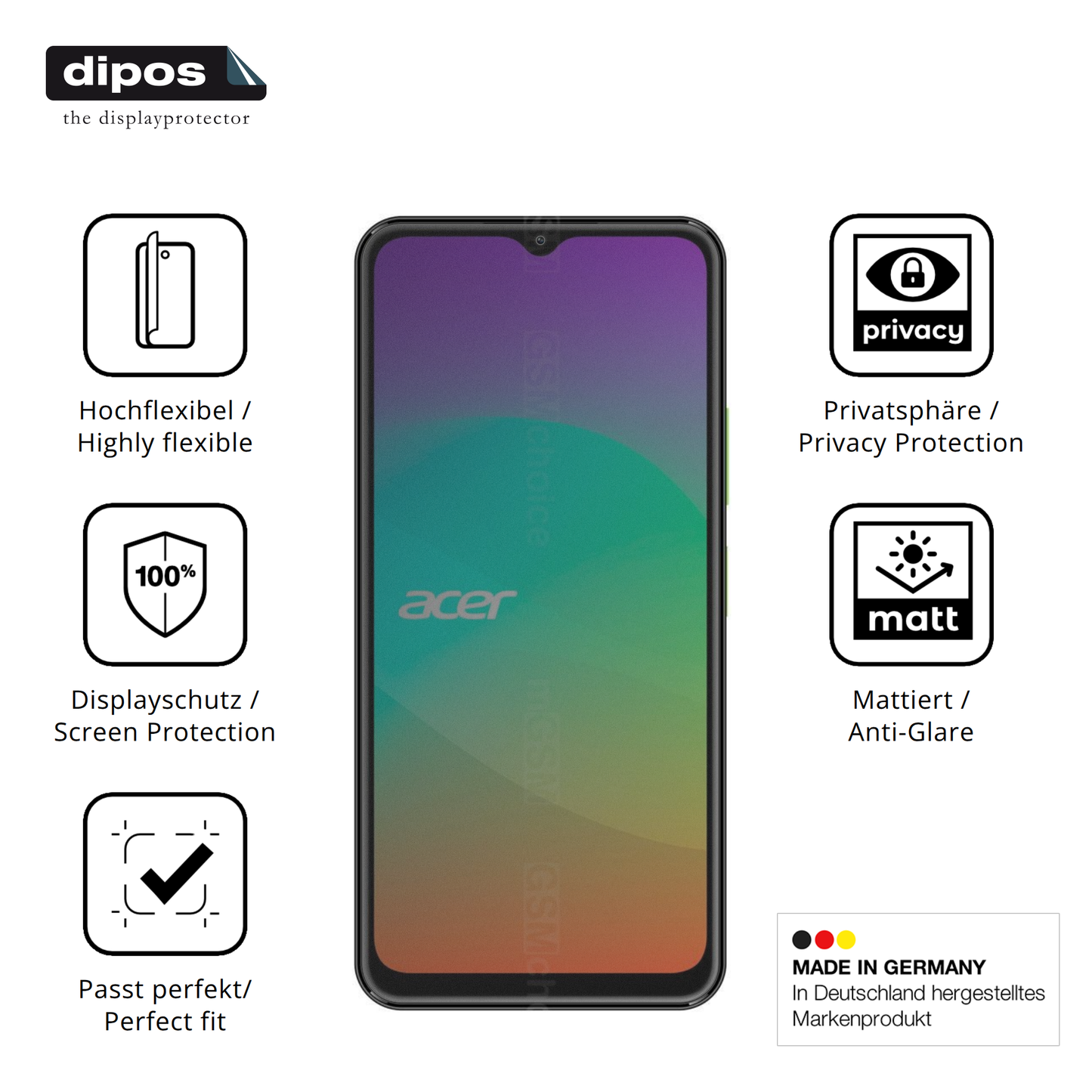 Flexible TPU-Folie passend zugeschnitten für Acer Sospiro A5 Plus, mit Privatsphäre-Schutz durch Sichtschutz-Folie
