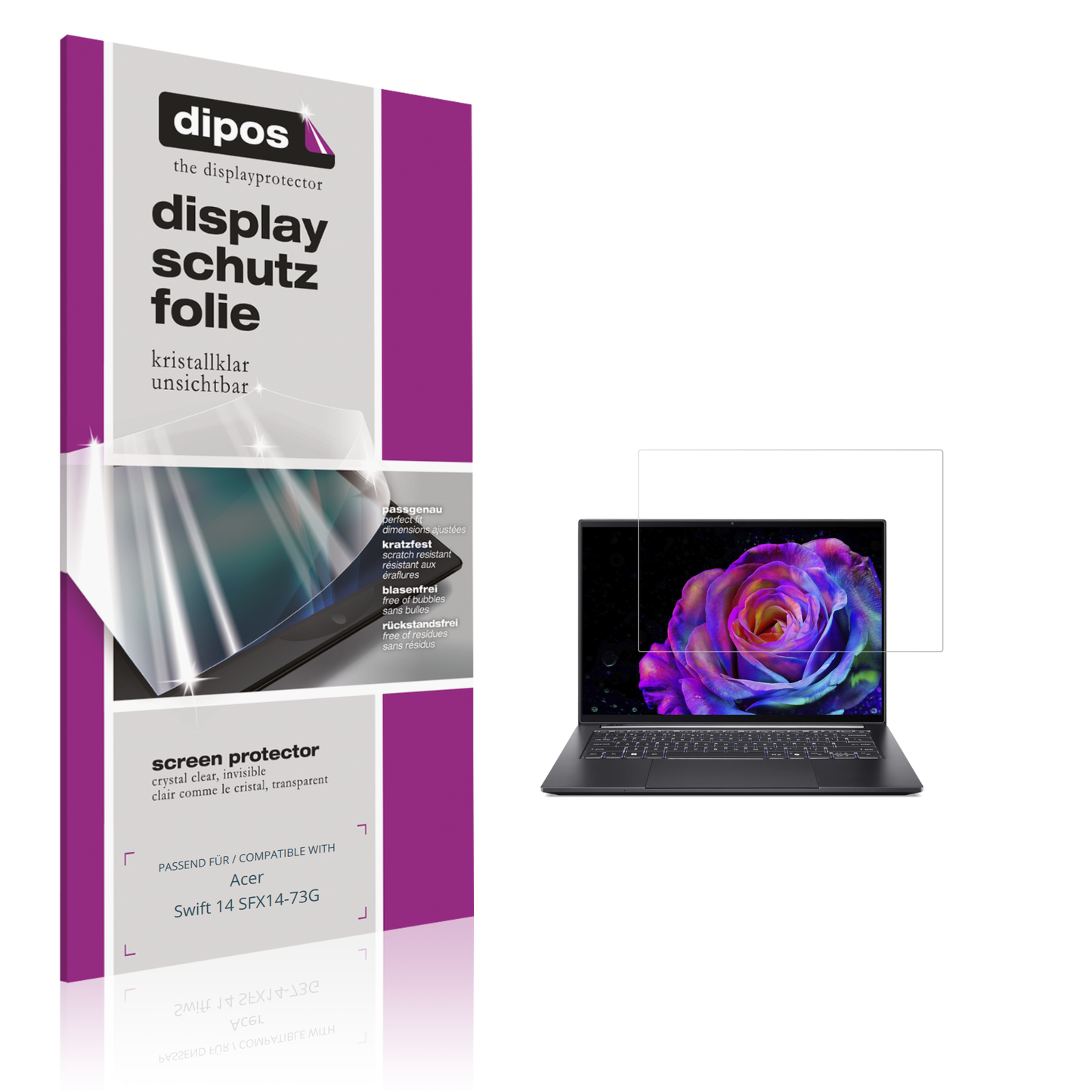 Klare Displayschutzfolie von dipos passend für acerswift 14 sfx14-73g, präziser Zuschnitt und blasenfrei montiert