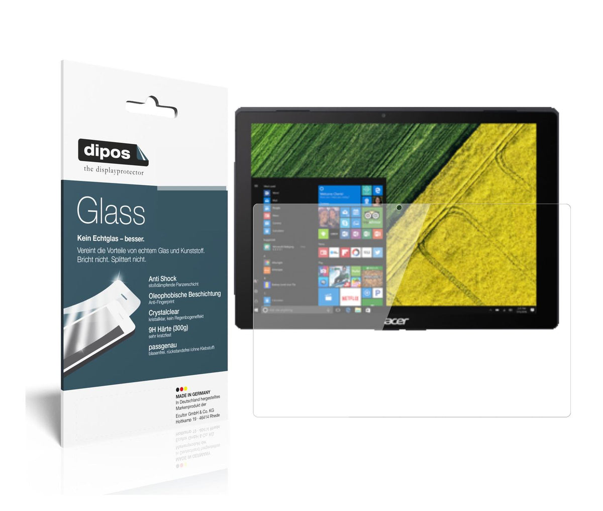 Klare Displayschutzfolie von dipos passend für Acer Switch 5 Pro SW512-52P, 9H kratzfest und blasenfrei montiert