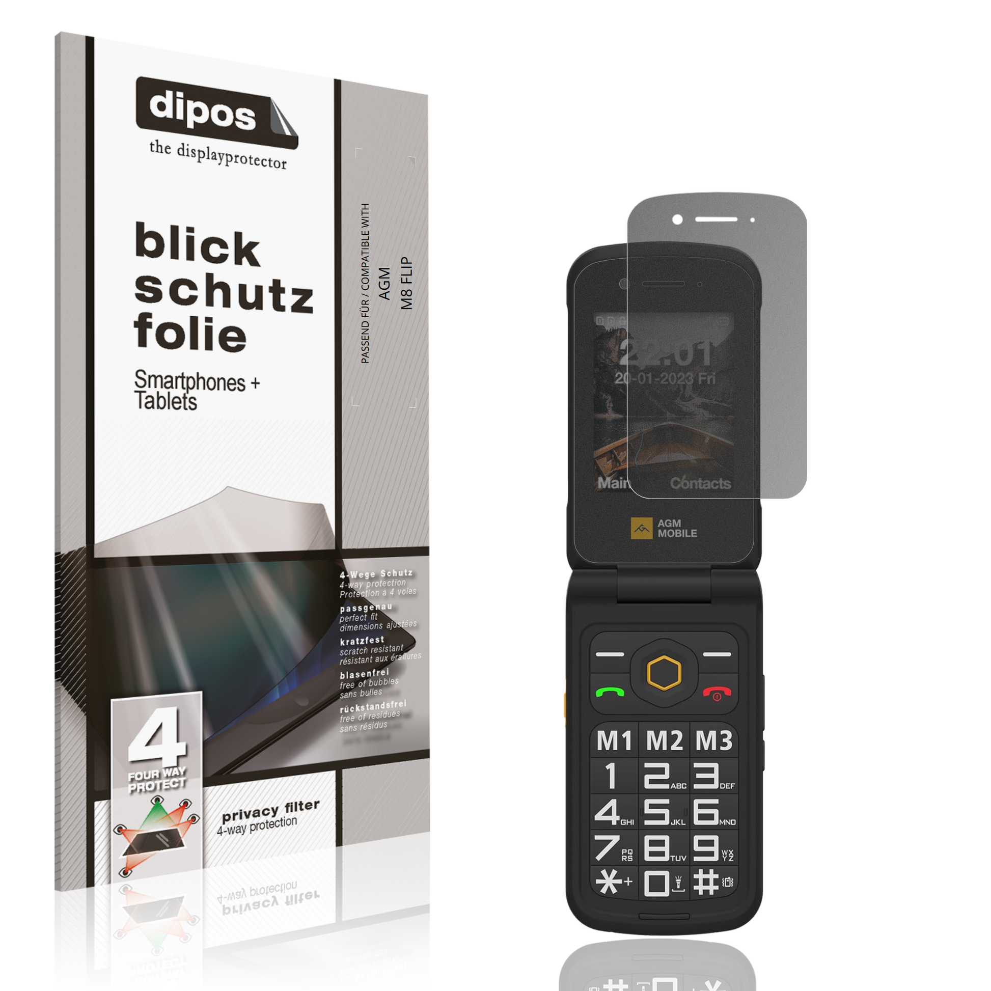Blickschutzfolie von dipos passend für AGM M8 FLIP, präziser Zuschnitt und blasenfrei montiert