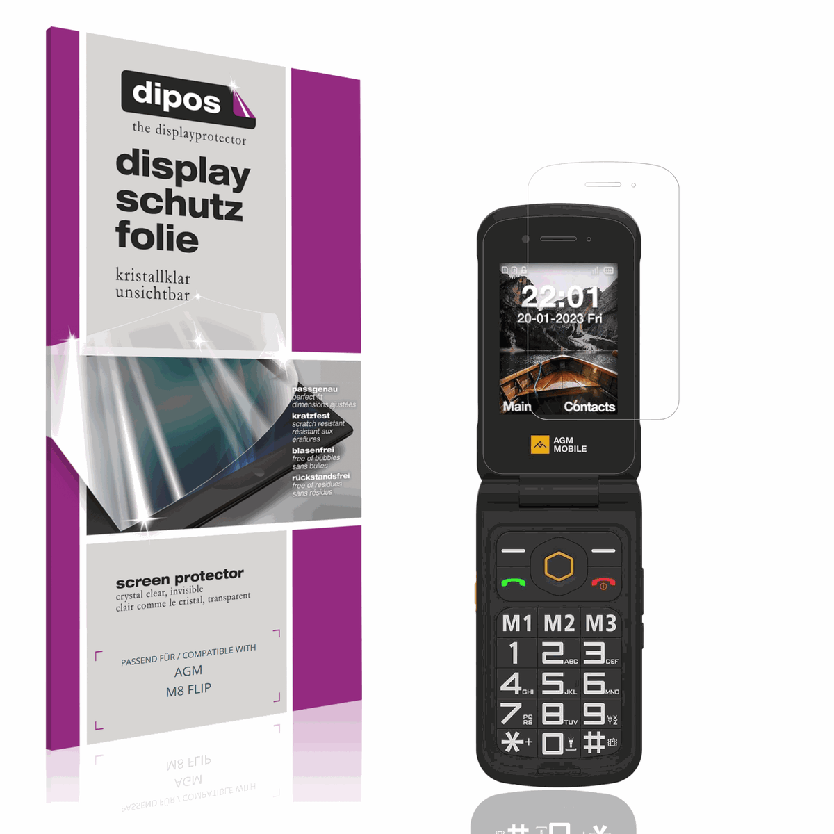 Klare Displayschutzfolie von dipos passend für AGM M8 FLIP, präziser Zuschnitt und blasenfrei montiert