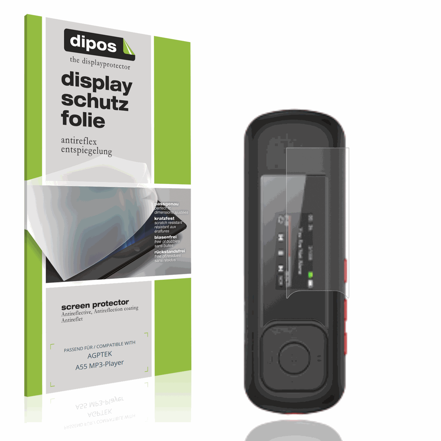 Matte Displayschutzfolie von dipos passend für AGPTEK A55 MP3-Player, präziser Zuschnitt und blasenfrei montiert