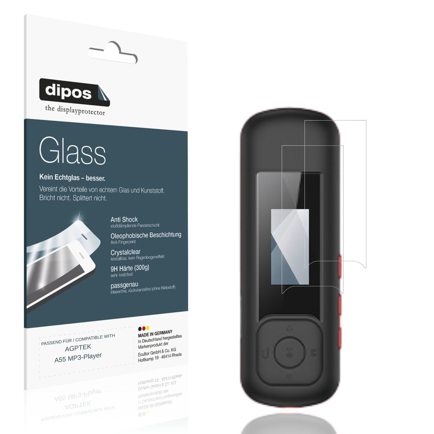 Klare Displayschutzfolie von dipos passend für AGPTEK A55 MP3-Player, 9H kratzfest und blasenfrei montiert