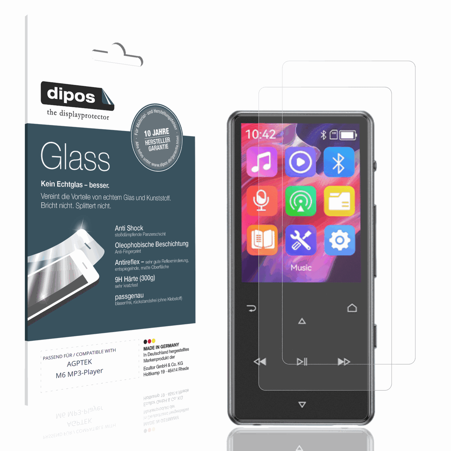 Matte Displayschutzfolie von dipos passend für AGPTEK M6 MP3-Player, 9H kratzfest und blasenfrei montiert