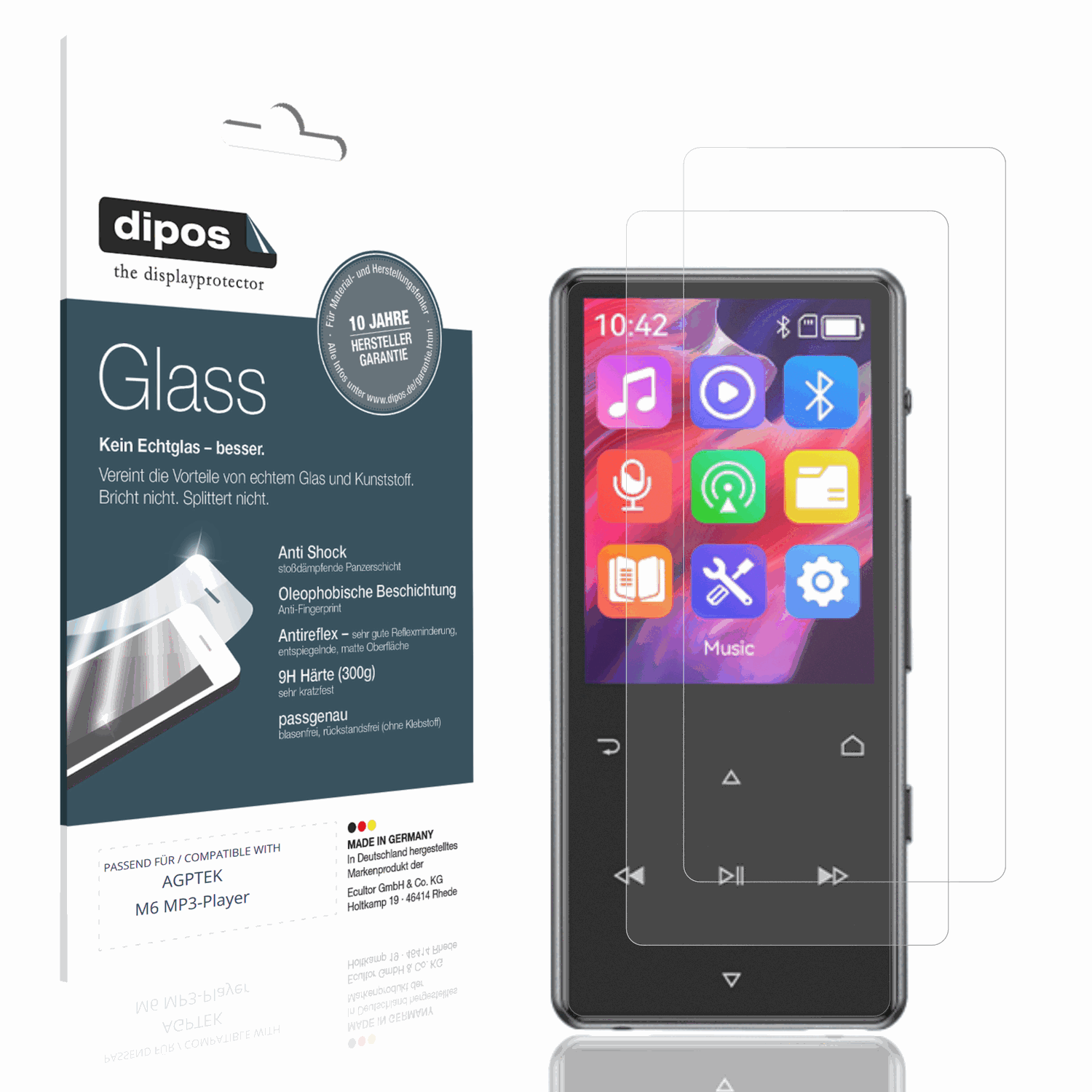Matte Displayschutzfolie von dipos passend für AGPTEK M6 MP3-Player, 9H kratzfest und blasenfrei montiert
