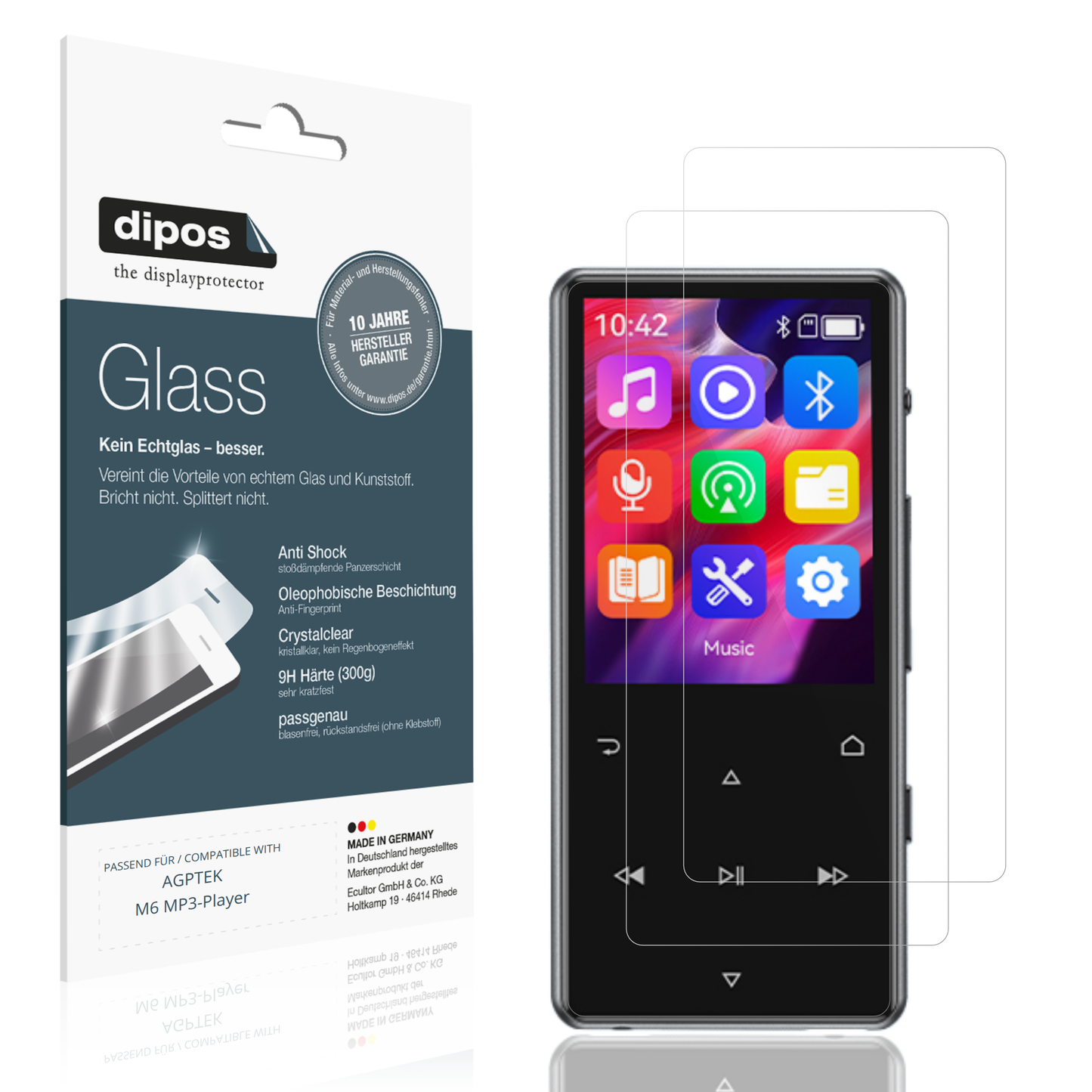 Klare Displayschutzfolie von dipos passend für AGPTEK M6 MP3-Player, 9H kratzfest und blasenfrei montiert