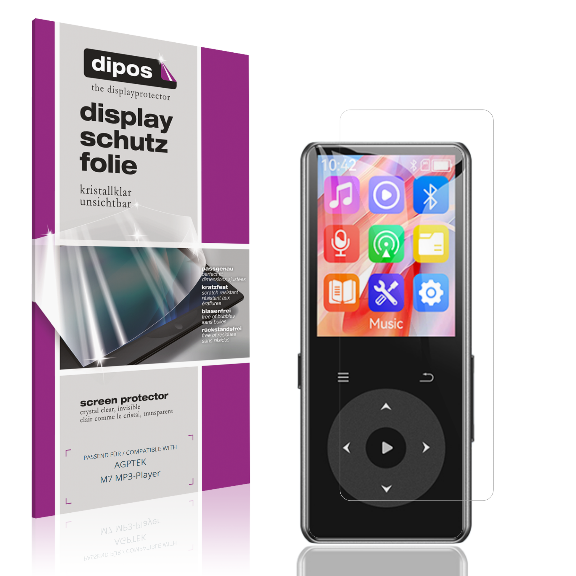 Klare Displayschutzfolie von dipos passend für AGPTEK M7 MP3-Player, präziser Zuschnitt und blasenfrei montiert