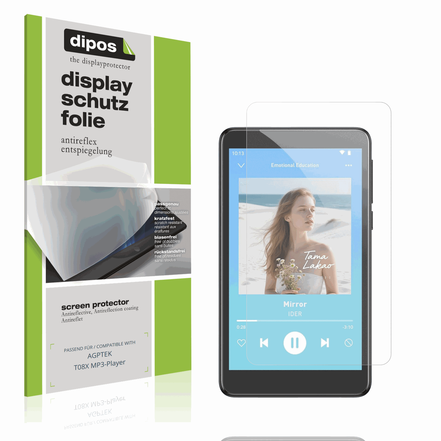 Matte Displayschutzfolie von dipos passend für AGPTEK T08X MP3-Player, präziser Zuschnitt und blasenfrei montiert