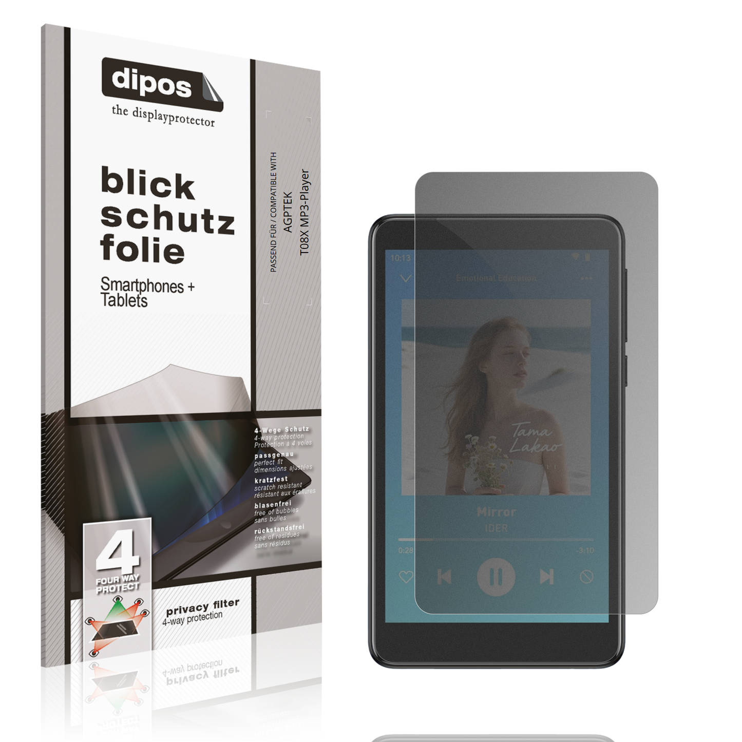 Blickschutzfolie von dipos passend für AGPTEK T08X MP3-Player, präziser Zuschnitt und blasenfrei montiert