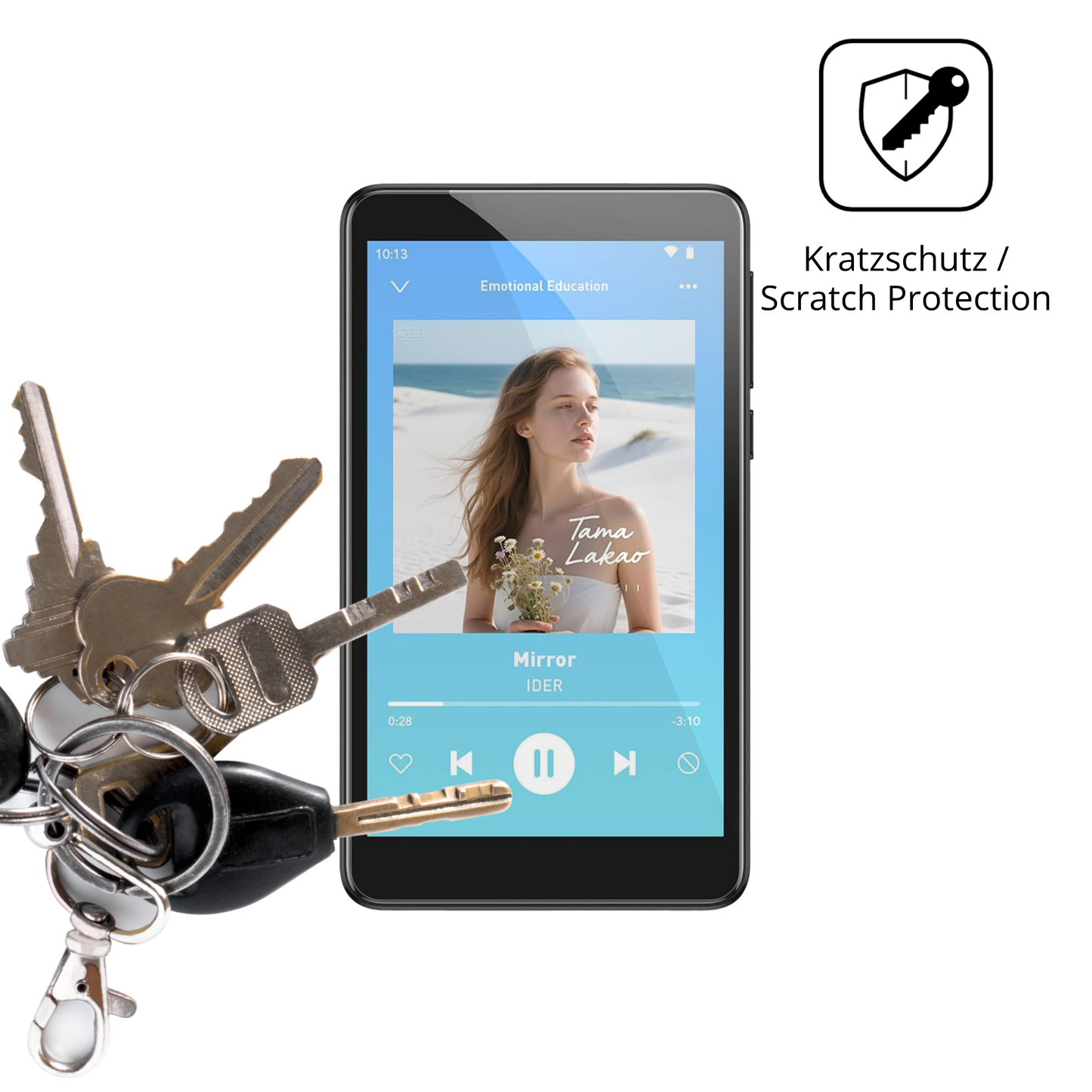 Schutz gegen Kratzer auf dem AGPTEK T08X MP3-Player Glas durch Schlüssel oder Ähnliches