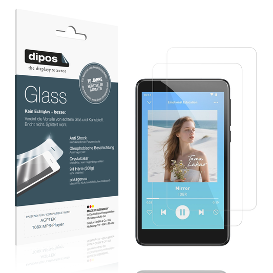 Klare Displayschutzfolie von dipos passend für AGPTEK T08X MP3-Player, 9H kratzfest und blasenfrei montiert