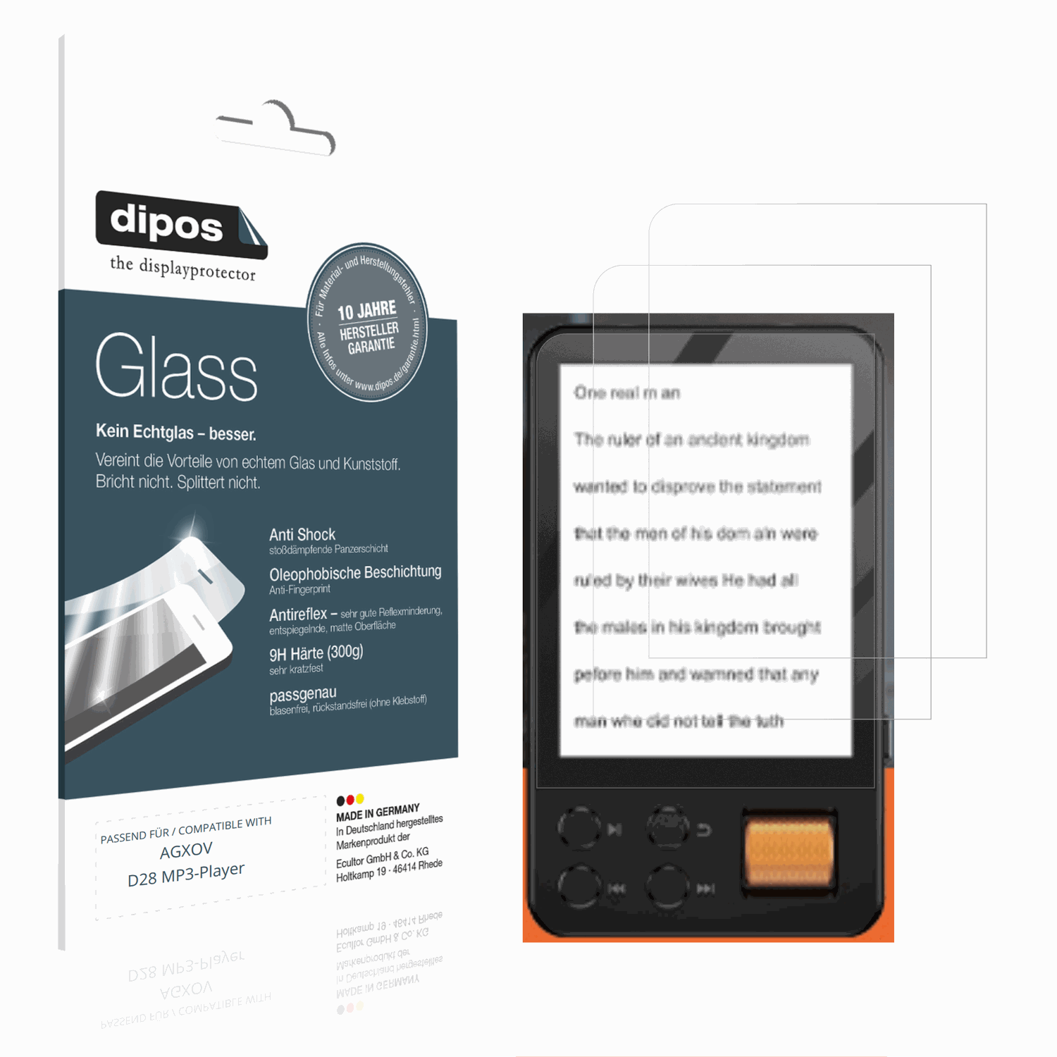 Matte Displayschutzfolie von dipos passend für AGXOV D28 MP3-Player, 9H kratzfest und blasenfrei montiert
