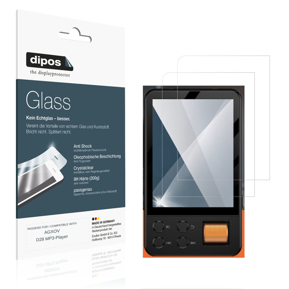 Klare Displayschutzfolie von dipos passend für AGXOV D28 MP3-Player, 9H kratzfest und blasenfrei montiert