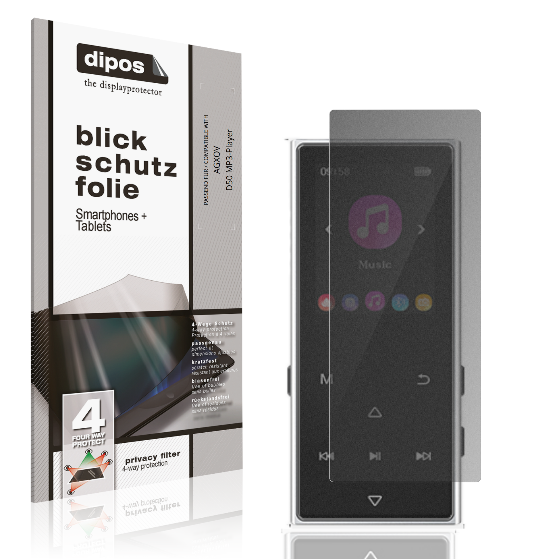 Blickschutzfolie von dipos passend für AGXOV D50 MP3-Player, präziser Zuschnitt und blasenfrei montiert