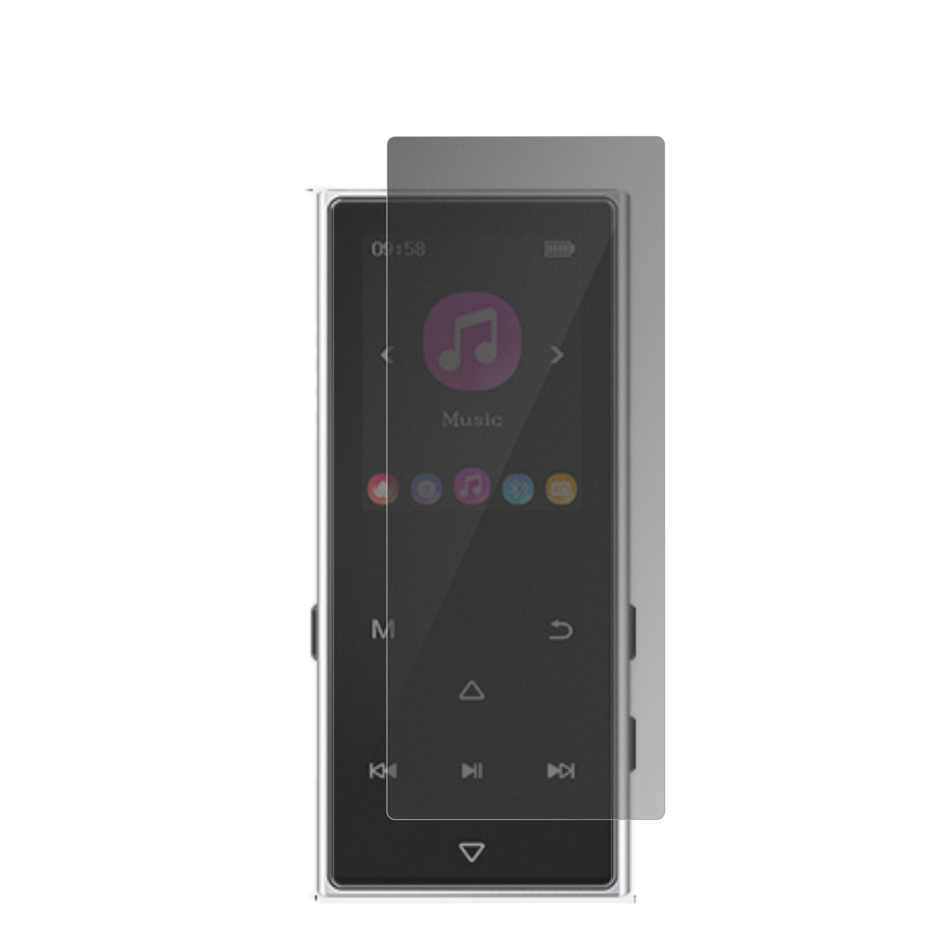 AGXOVD50 MP3-Player mit aufgebrachtem dipos Displayschutz, der seitliche Einblicke blockiert