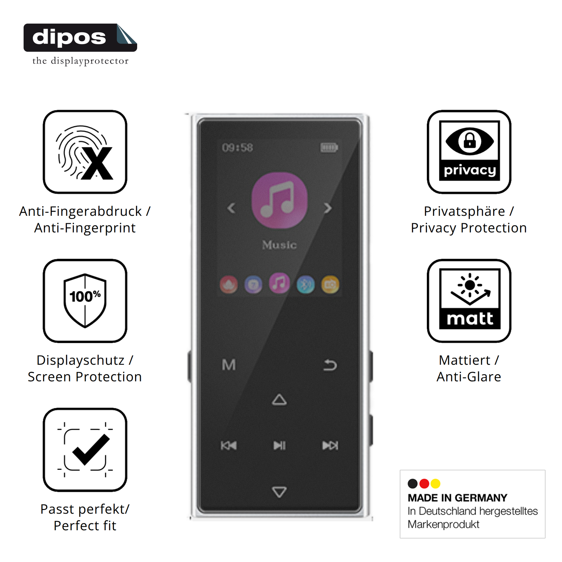 Privatsphäre-Schutz durch Sichtschutz-Folie passend zugeschnitten für AGXOV D50 MP3-Player