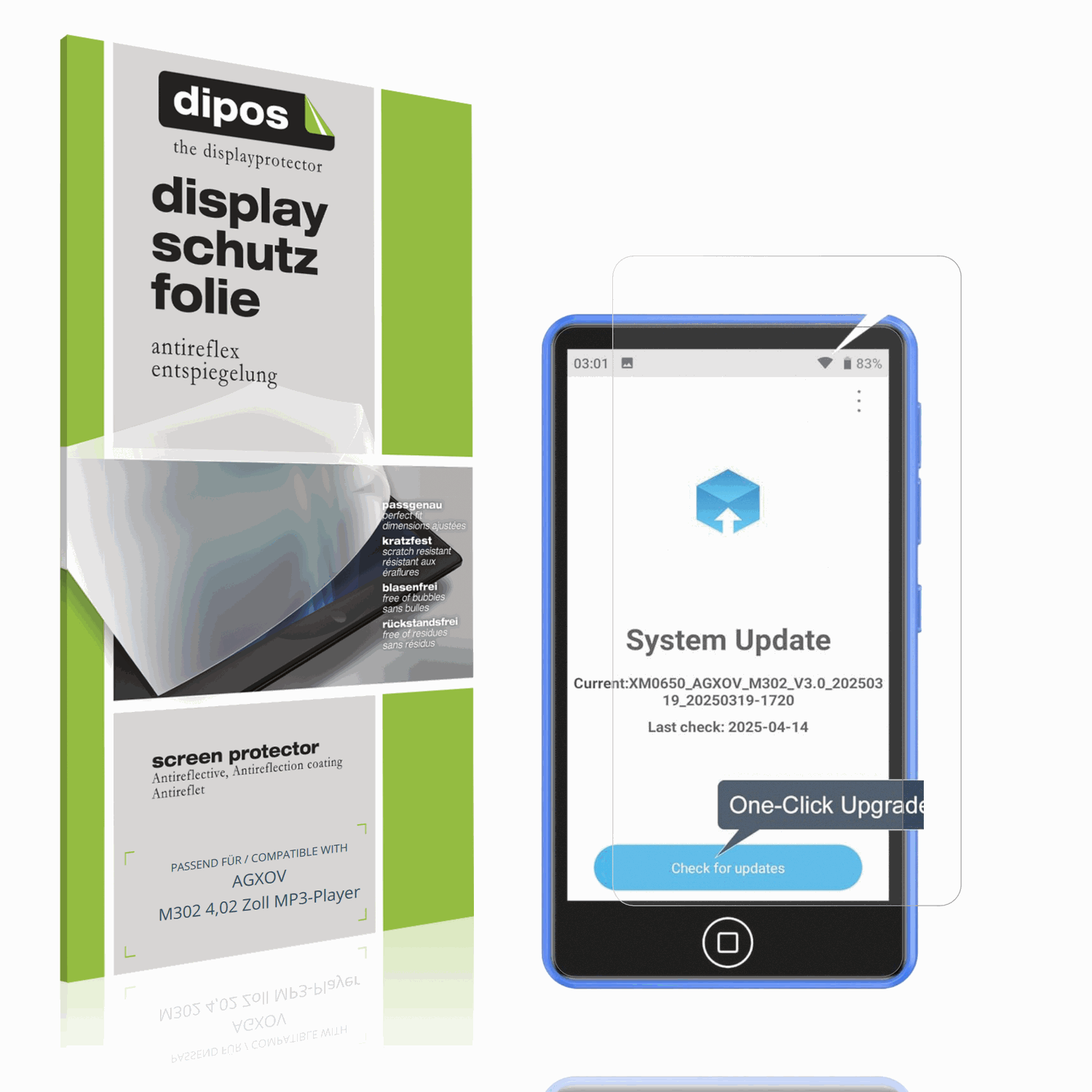 Matte Displayschutzfolie von dipos passend für AGXOV M302 4,02 Zoll MP3-Player, präziser Zuschnitt und blasenfrei montiert