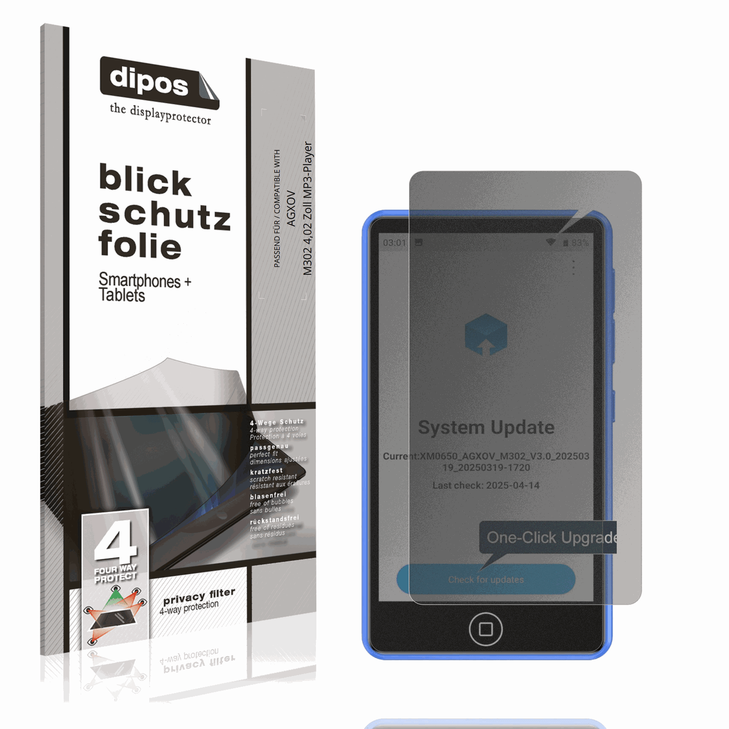Blickschutzfolie von dipos passend für AGXOV M302 4,02 Zoll MP3-Player, präziser Zuschnitt und blasenfrei montiert