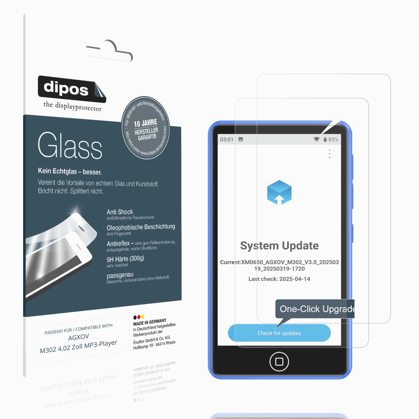 Matte Displayschutzfolie von dipos passend für AGXOV M302 4,02 Zoll MP3-Player, 9H kratzfest und blasenfrei montiert