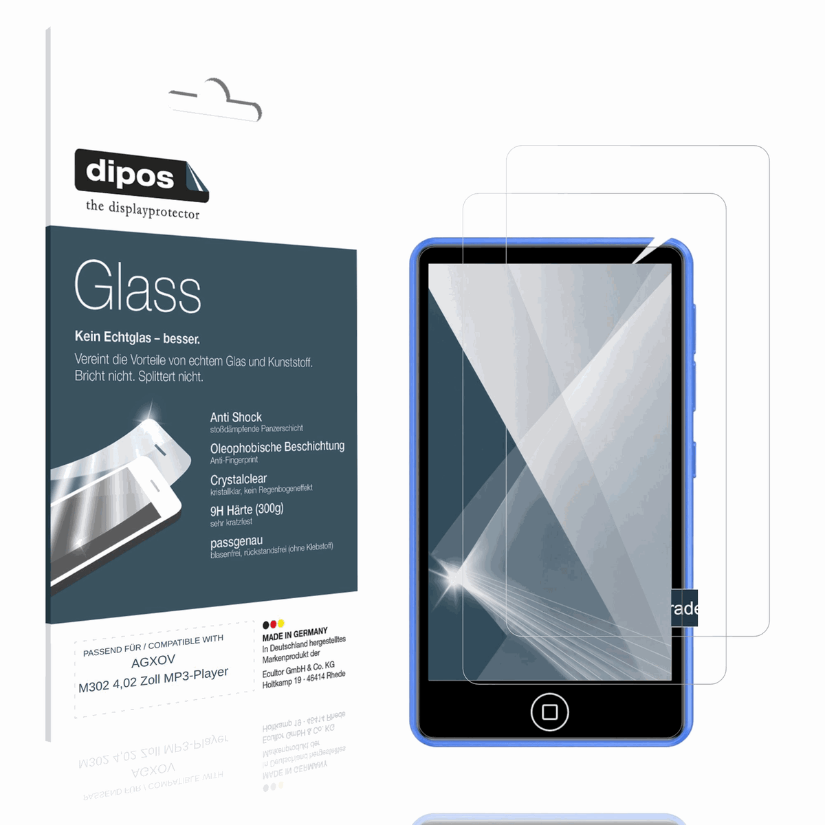 Klare Displayschutzfolie von dipos passend für AGXOV M302 4,02 Zoll MP3-Player, 9H kratzfest und blasenfrei montiert