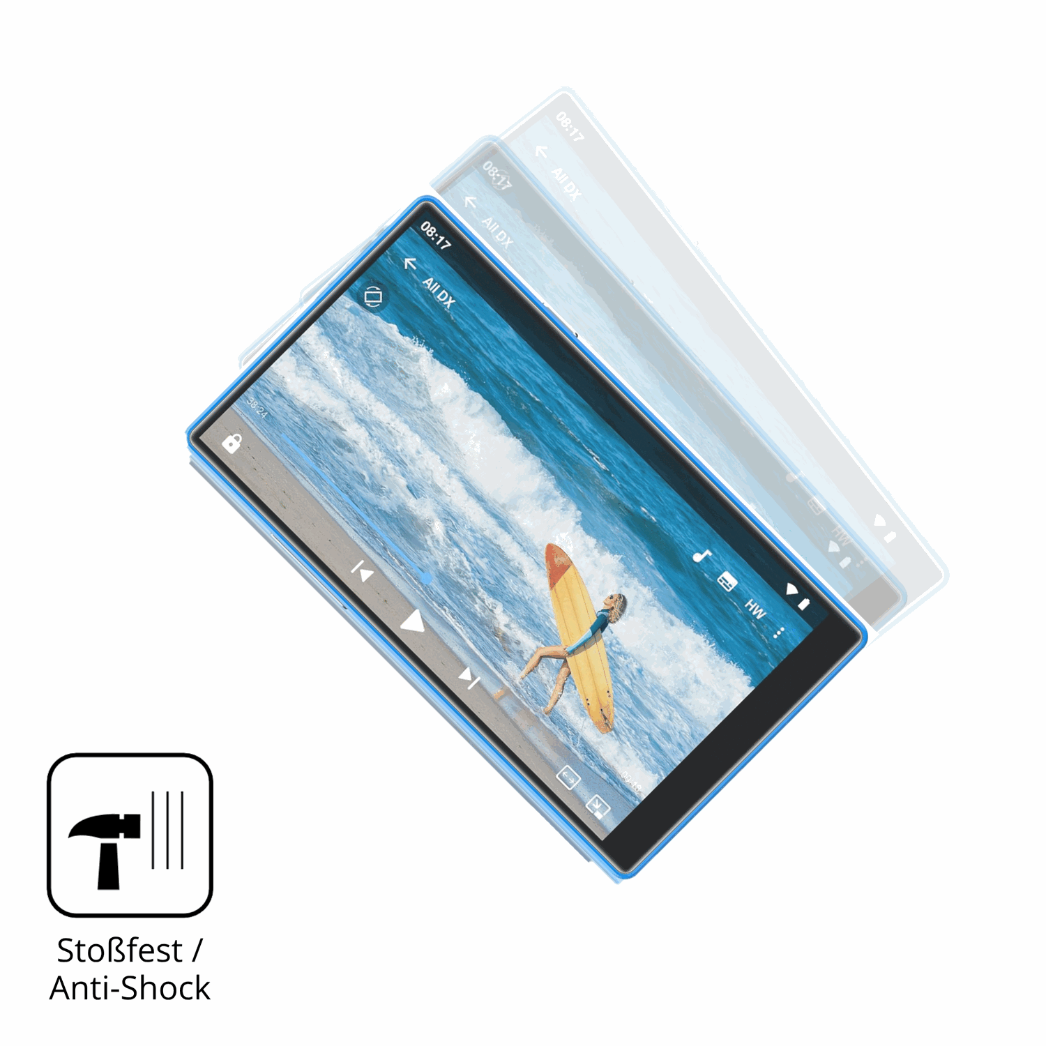 Schutz gegen Kratzer auf dem AGXOV P50 MP3-Player Glas durch Schlüssel, Stöße gegen die Tischkante oder Stürze