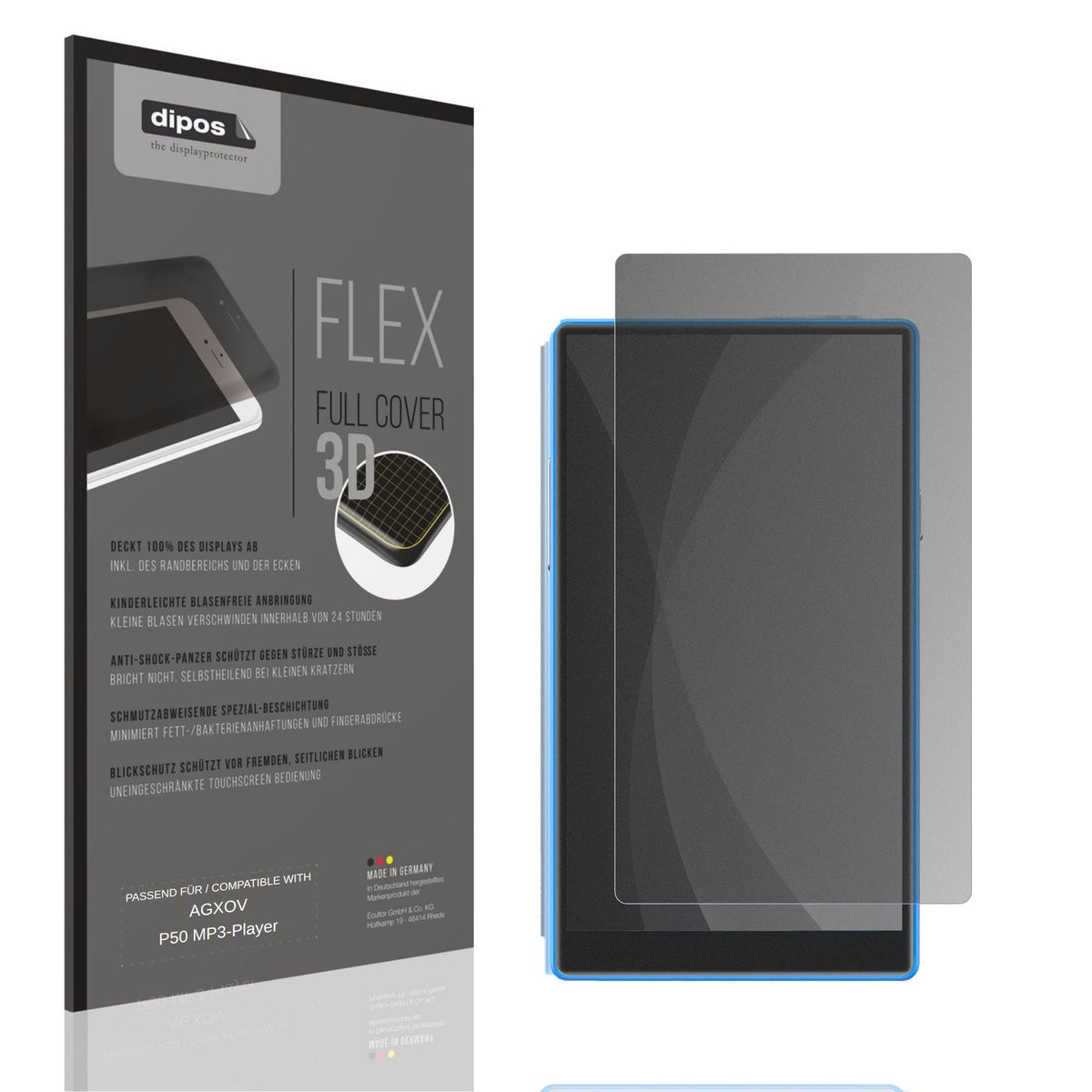 Blickschutzfolie von dipos passend für AGXOV P50 MP3-Player, 100% Displayabdeckung und blasenfreie Montage
