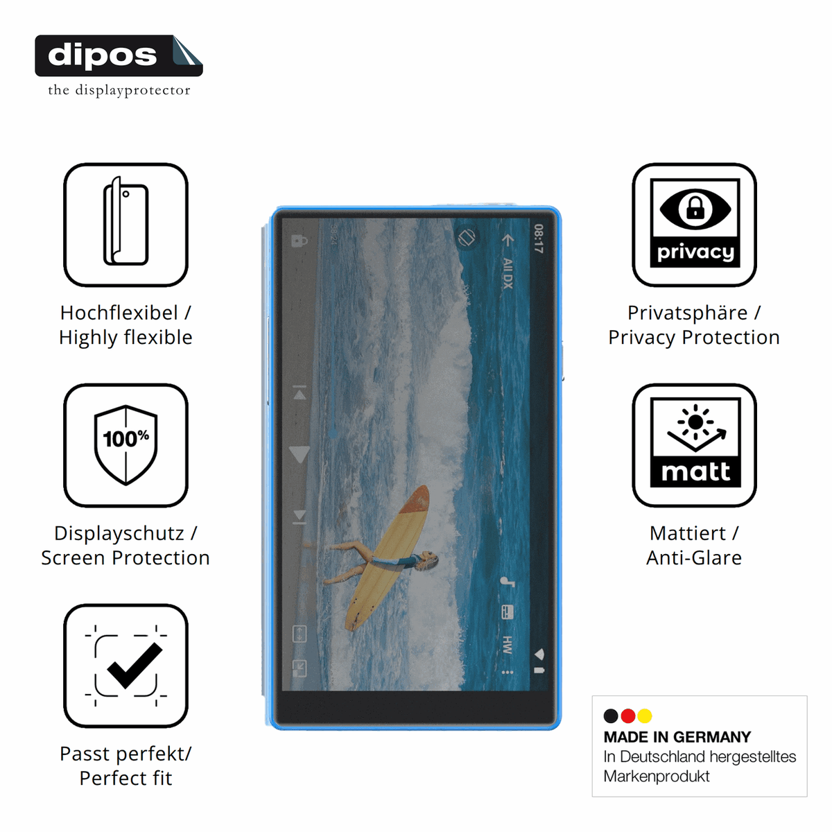 Flexible TPU-Folie passend zugeschnitten für AGXOV P50 MP3-Player, mit Privatsphäre-Schutz durch Sichtschutz-Folie