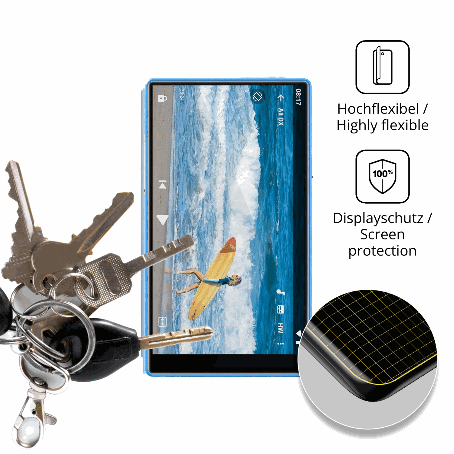dipos Displayschutz für AGXOV P50 MP3-Player, transparente Oberfläche, geringe Dicke und perfekte Passform