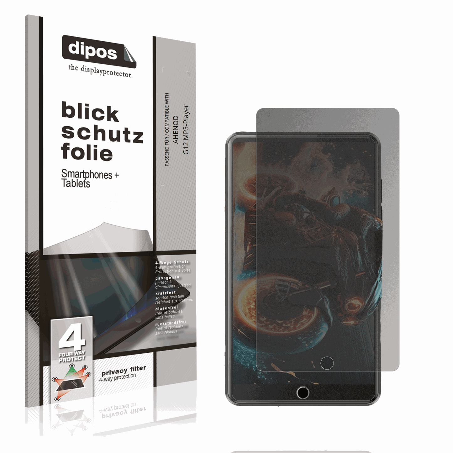 Blickschutzfolie von dipos passend für AHENOD G12 MP3-Player, präziser Zuschnitt und blasenfrei montiert