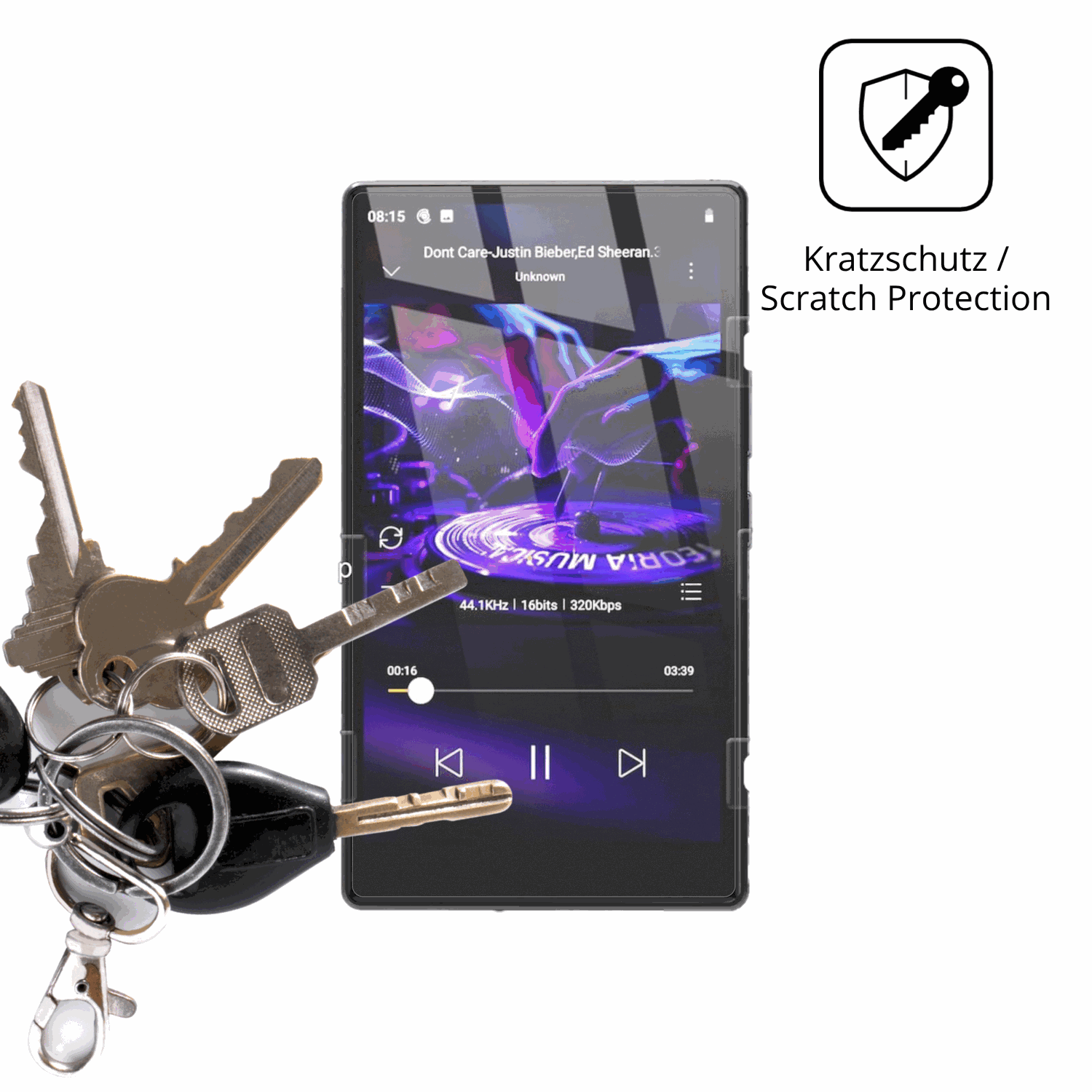 Schutz gegen Kratzer auf dem AHENOD G15 MP3-Player Glas durch Schlüssel oder Ähnliches